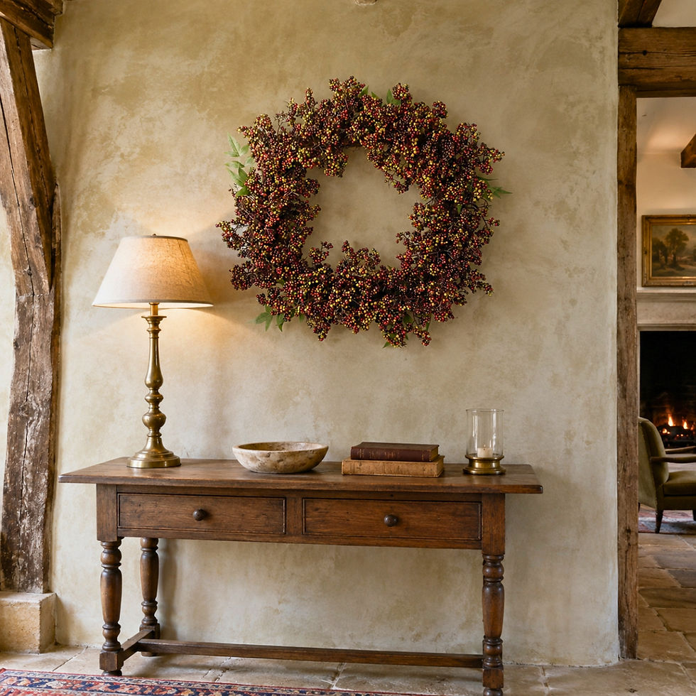 The Estate Hedgerow Berry Wreath above an aged oak console in a country-house hall