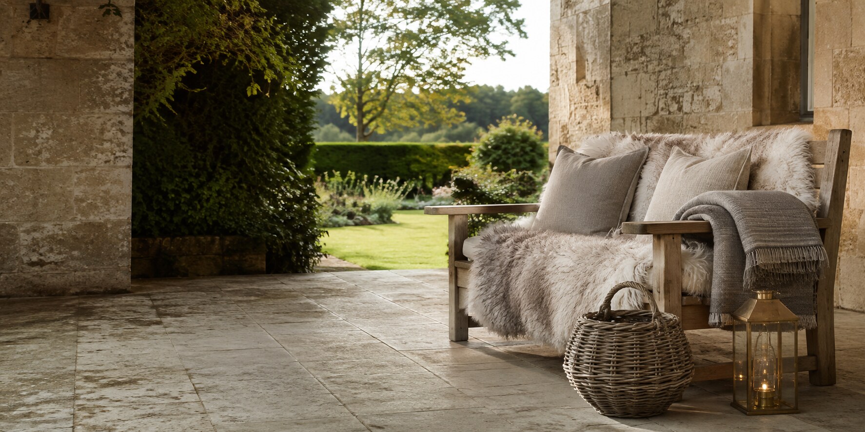 A Cotswold stone terrace with oak seating, soft wool layers, willow and lantern light