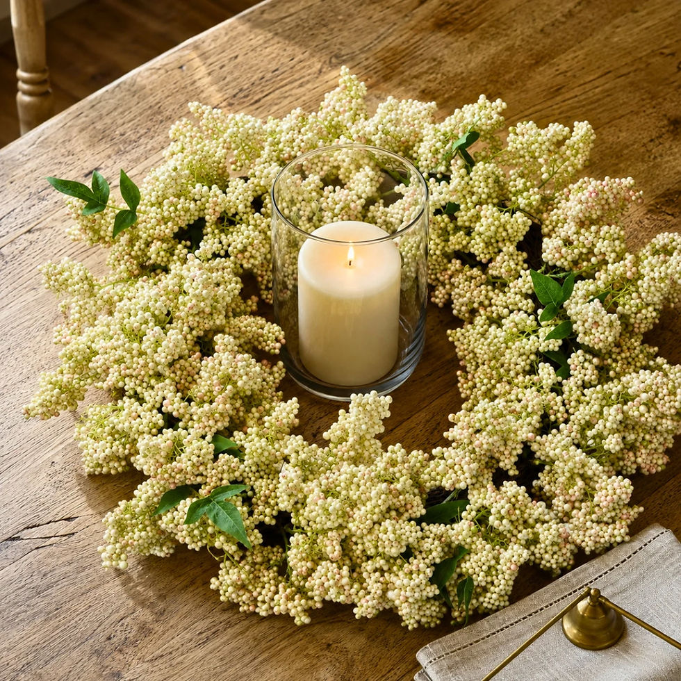Pale berry wreath on an oak table around a flameless LED candle