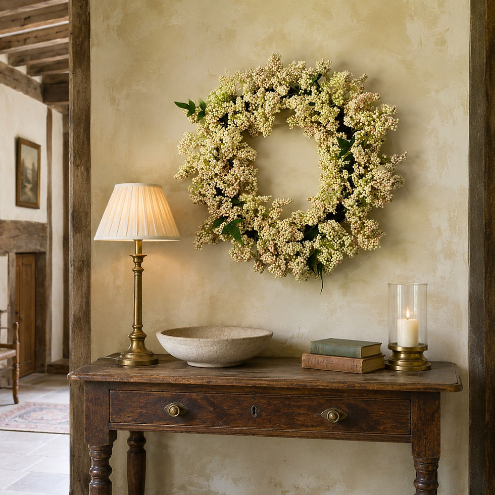 Pale artificial berry wreath above a slim oak hall table