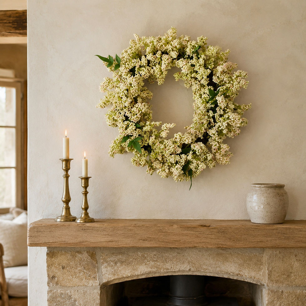 The Pale Garden White Berry Wreath above a pale stone fireplace